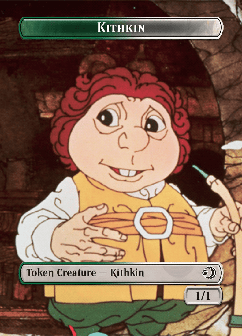 it's a Kithkin token for Magic: The Gathering

it's a 1/1 green/white creature

it's Bilbo Baggins from the animated Rankin/Bass Hobbit from 1977