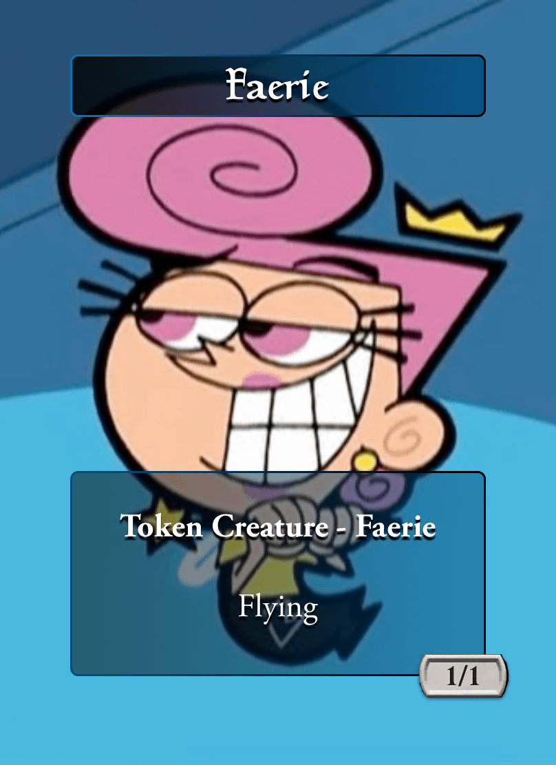 it's a Faerie token for Magic: The Gathering

it's a 1/1 black/blue creature with flying

it's Wanda from Fairly Oddparents