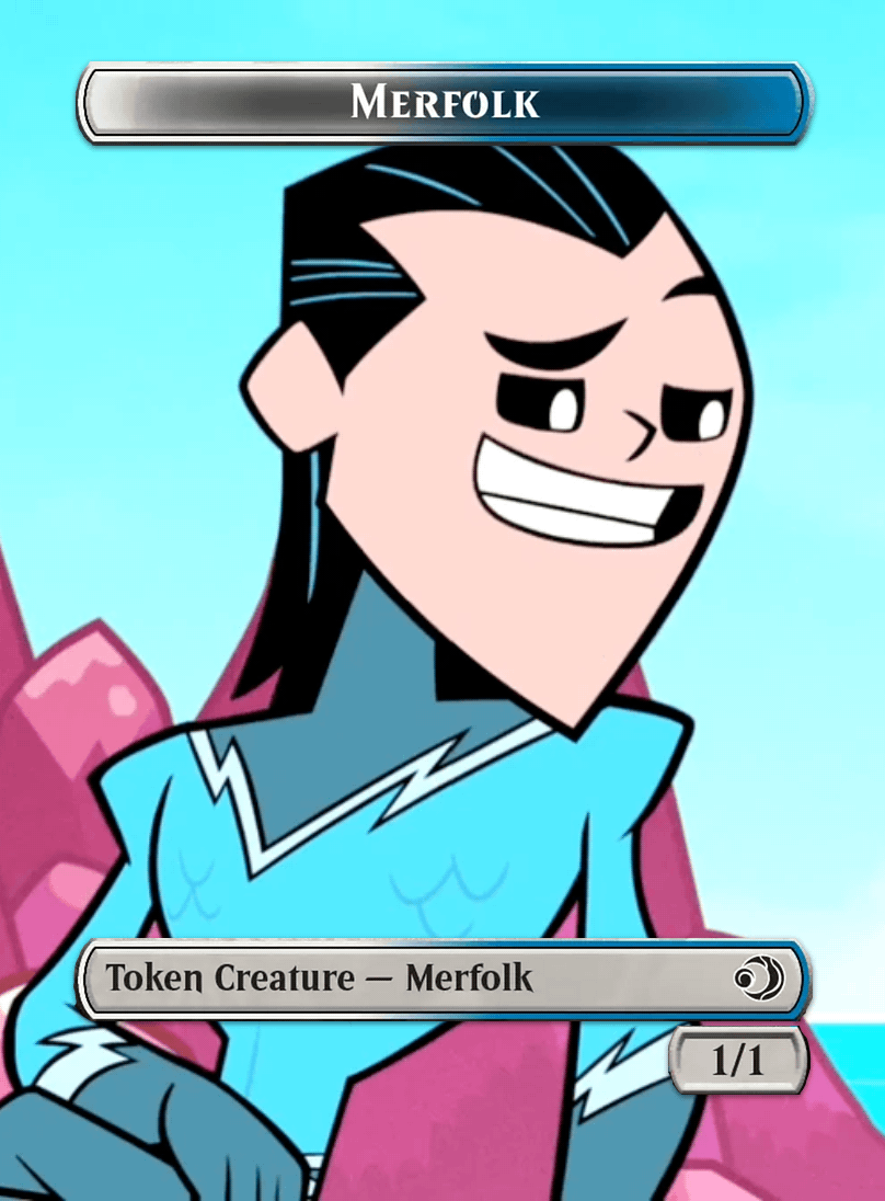 it's a Merfolk token for Magic: The Gathering

it's a 1/1 white/blue creature

it's Aqualad from Teen Titans: Go, looking smarmy