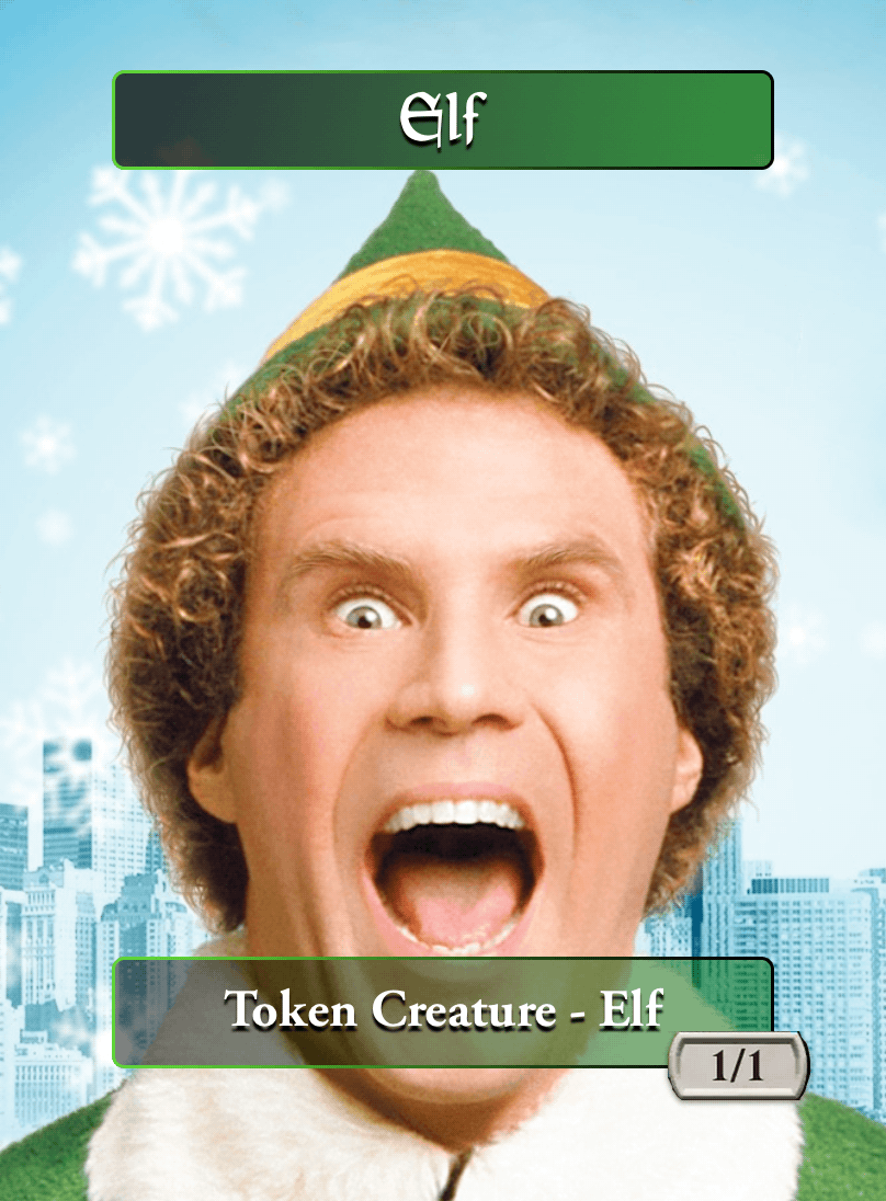 an Elf token for Magic: The Gathering

it's a 1/1 black/green creature

it's Buddy, Will Ferrell's character from the movie Elf. he's screaming.