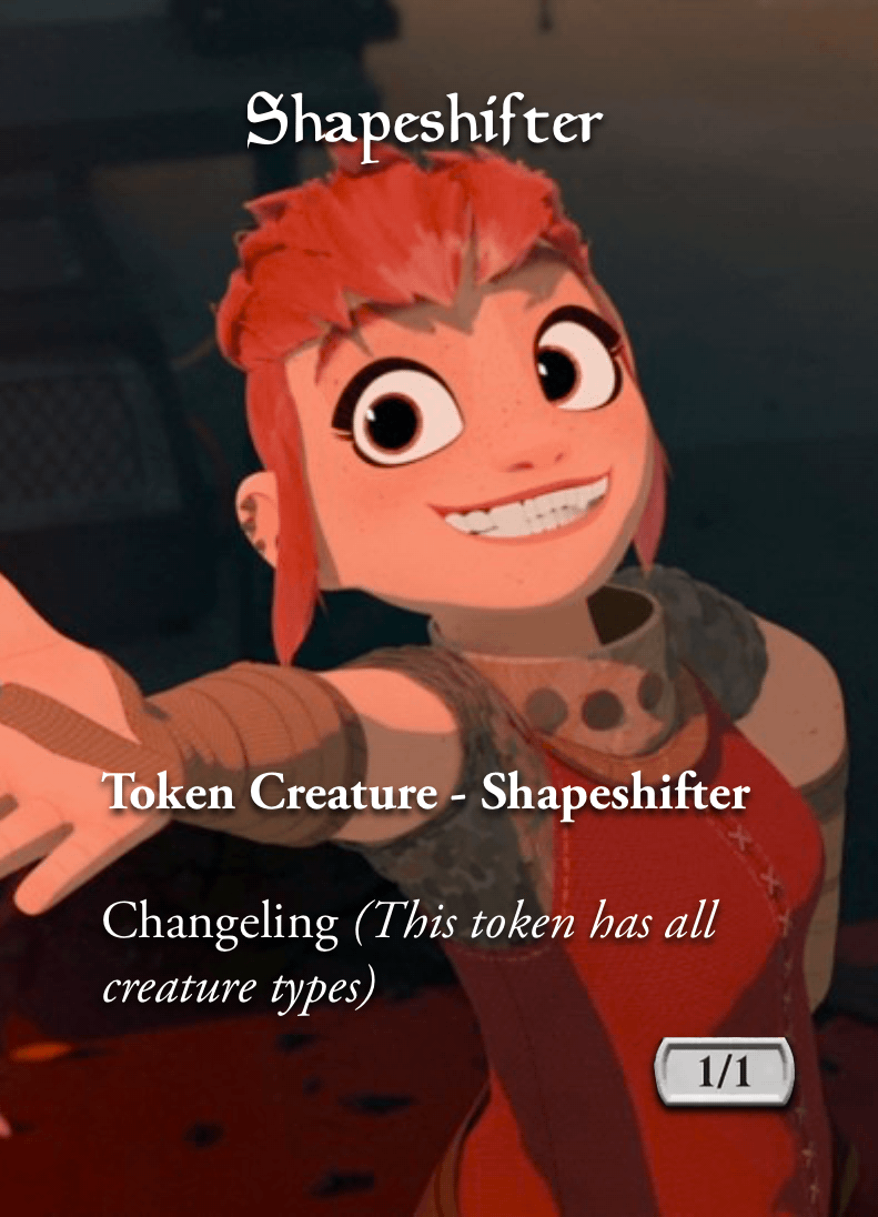 a Shapeshifter token for Magic: The Gathering

it's a 1/1 creature with Changeling

it's the Netflix version of Nimona, looking feisty