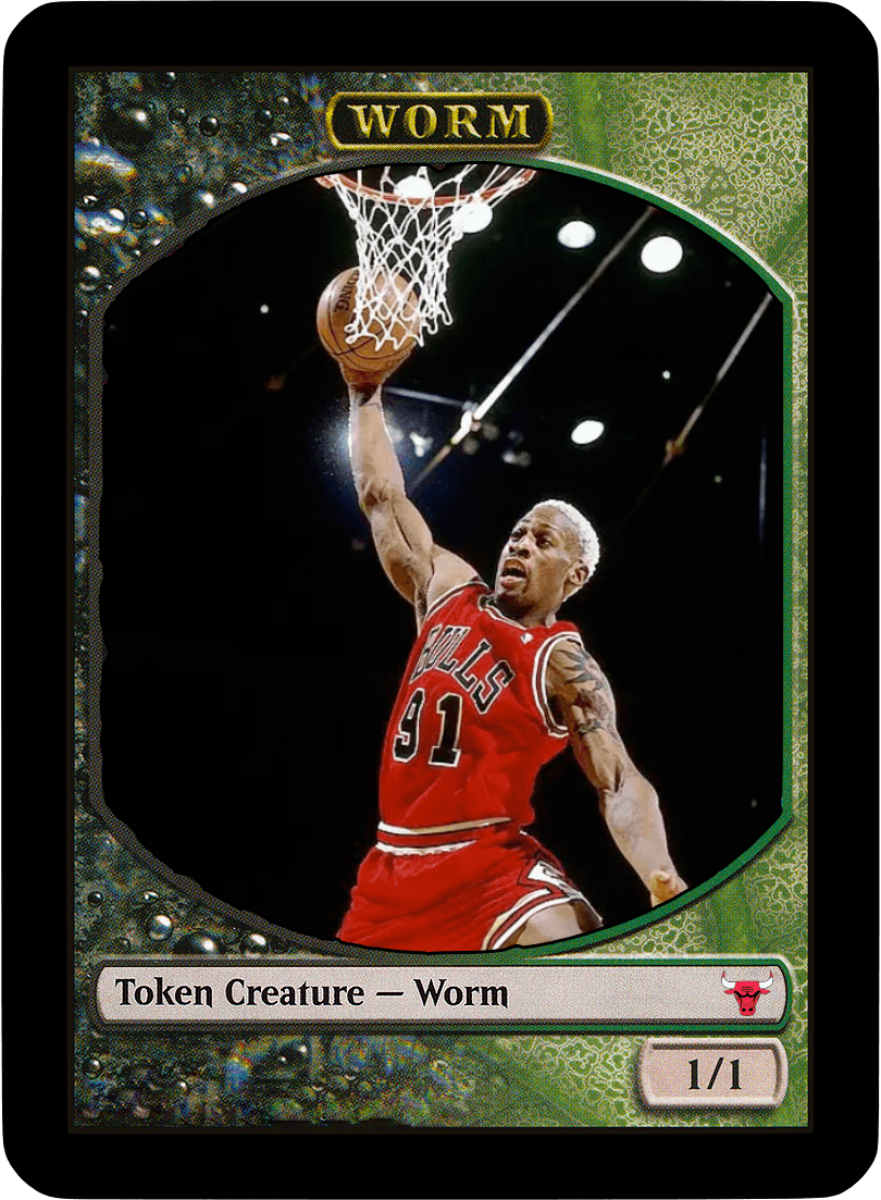 it's a Worm token for Magic: The Gathering

it's a 1/1 black/green creature

this card has an extremely old-school card border, but the picture is one of Dennis Rodman during his time playing with the Chicago Bulls, in the process of dunking a basketball (his nickname was The Worm because of his ability to wriggle around other players)

the expansion symbol is the Chicago Bulls logo